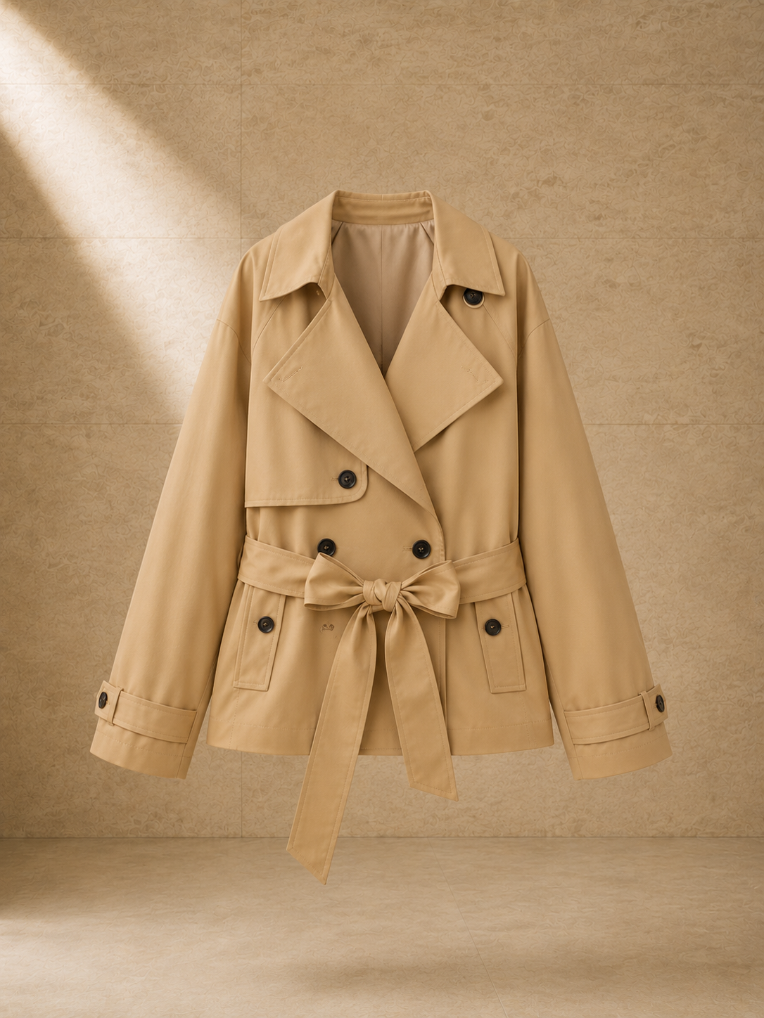 Trench Odette en camel, prenda sola sobre pared de travertino