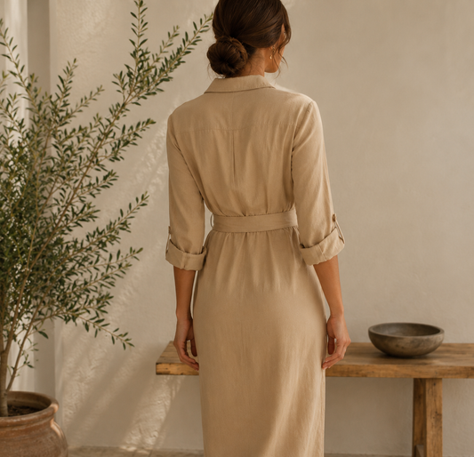 Vestido Margot en champán de espaldas, largo hasta el tobillo