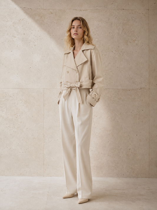 Trench Charlotte en beige en tres cuartos, con el hombro muy caído