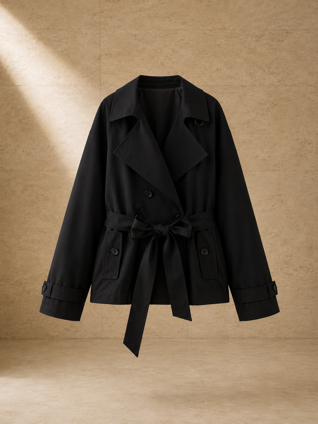 Trench Odette en negro, prenda sola sobre pared de travertino