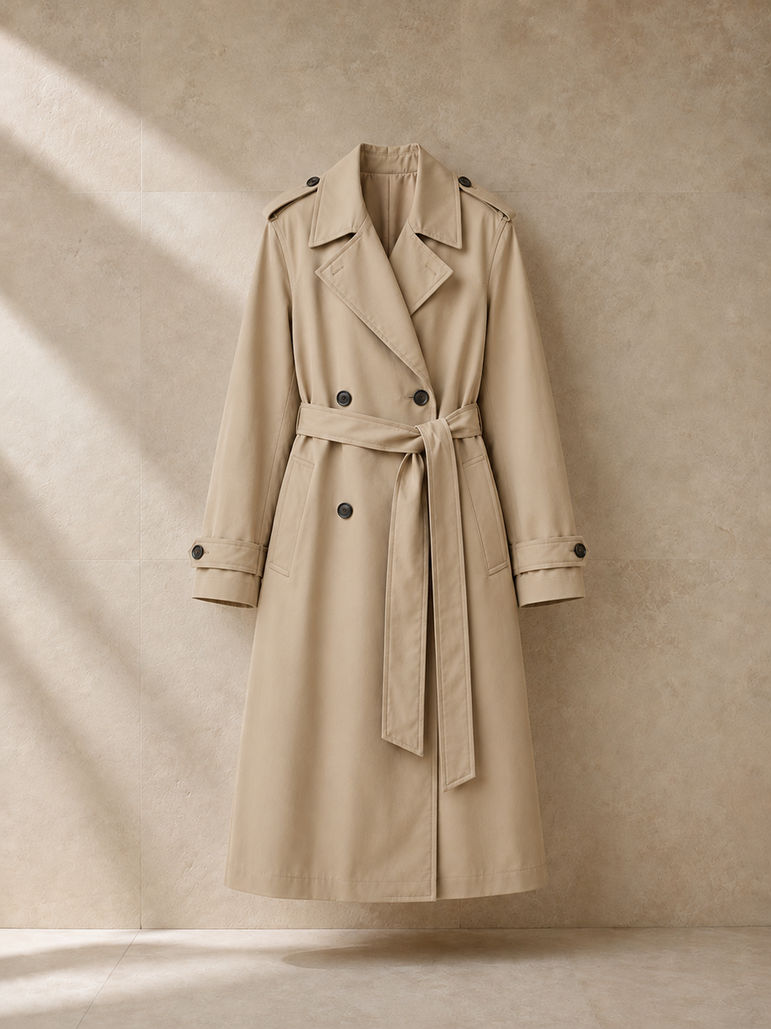 Trench Joséphine en beige oscuro, prenda sola sobre pared de travertino