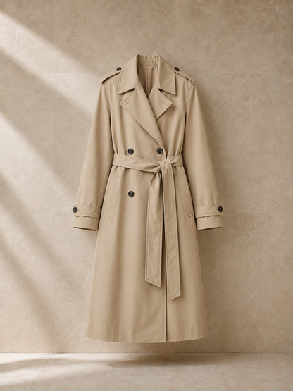 Trench Joséphine en beige oscuro, prenda sola sobre pared de travertino