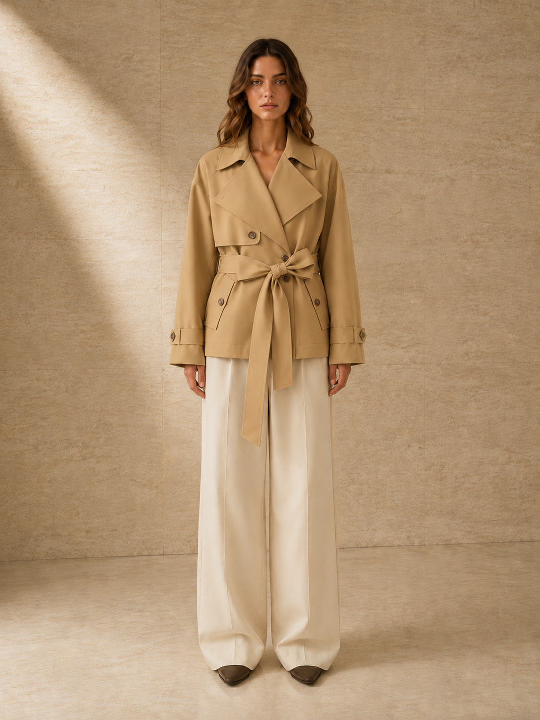 Trench Odette en camel, de frente: trench corto a la cadera con cinturón atado