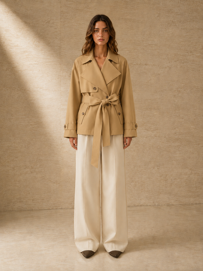 Trench Odette en camel, de frente: trench corto a la cadera con cinturón atado