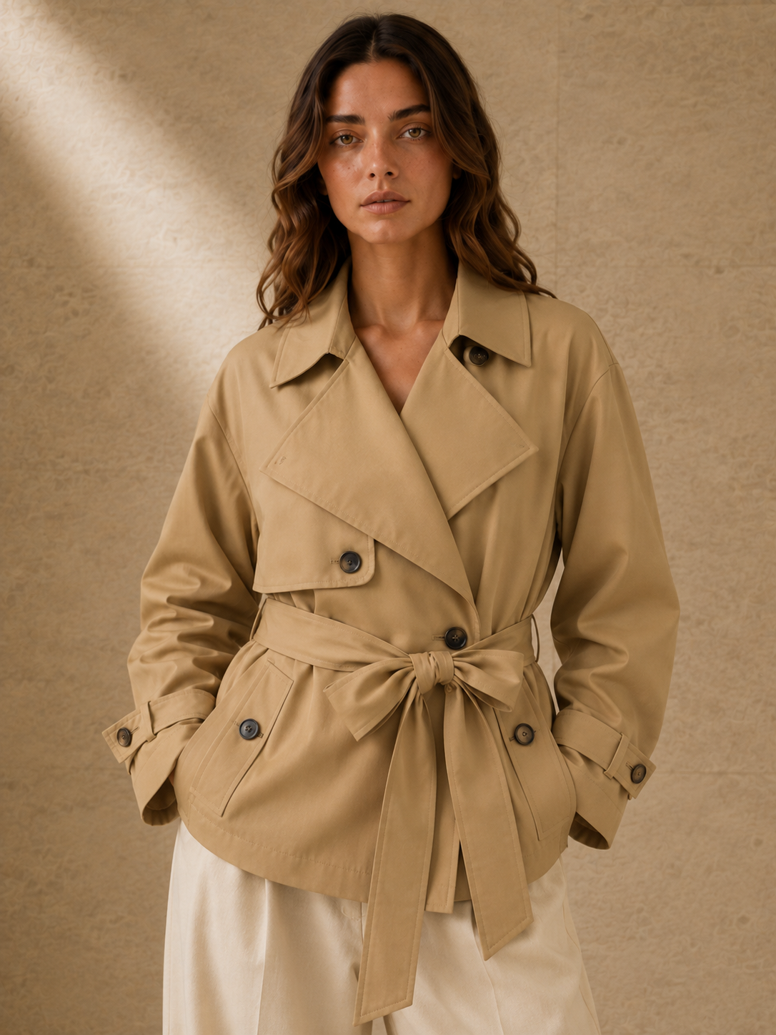 Detalle del Trench Odette en camel: solapa ancha, doble botonadura y cinturón