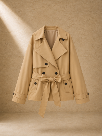 Trench Odette en camel, prenda sola sobre pared de travertino