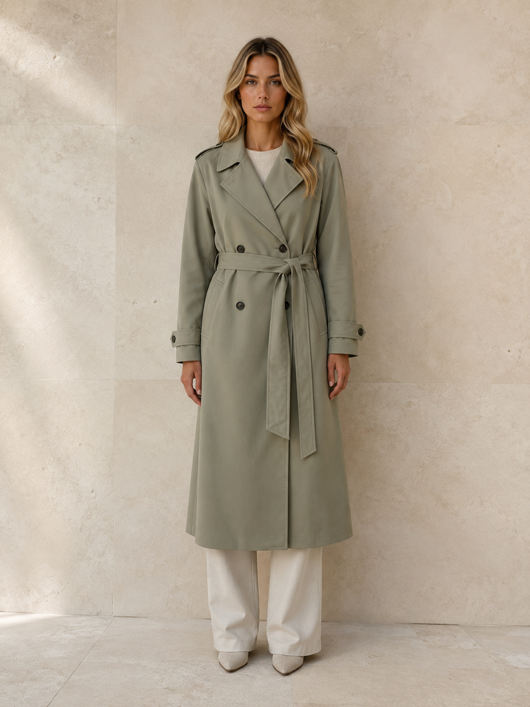 Trench Joséphine en verde musgo, de frente: trench largo cruzado con solapa de sastre y cinturón anudado