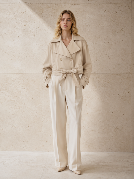 Trench Charlotte en beige, de frente: trench corto a la cintura con cuello ancho y cinturón de lazo