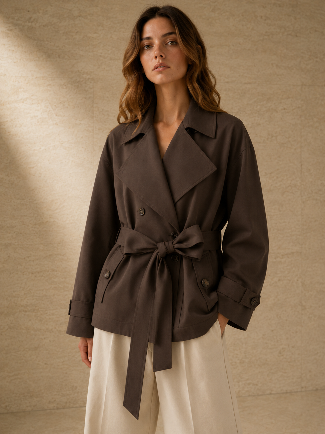 Detalle del Trench Odette en marrón topo: solapa ancha, doble botonadura y cinturón