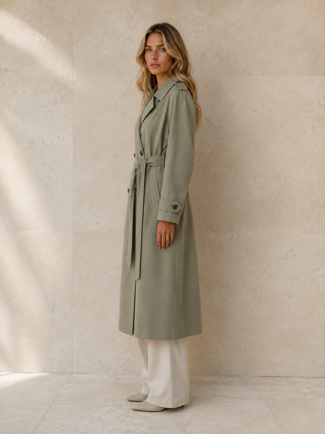 Trench Joséphine en verde musgo de perfil, silueta recta con hombro caído