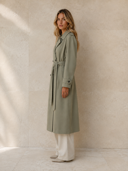 Trench Joséphine en verde musgo de perfil, silueta recta con hombro caído