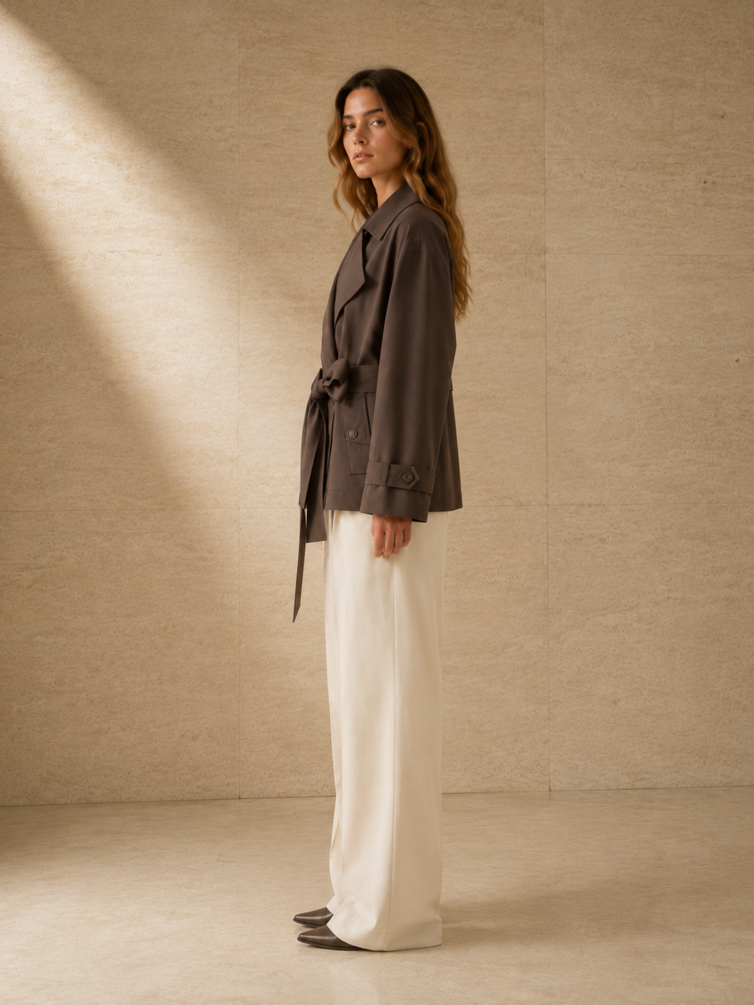 Trench Odette en marrón topo de perfil, largo a la cadera