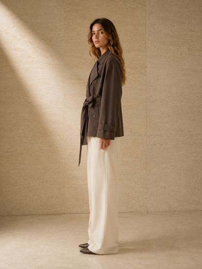 Trench Odette en marrón topo de perfil, largo a la cadera