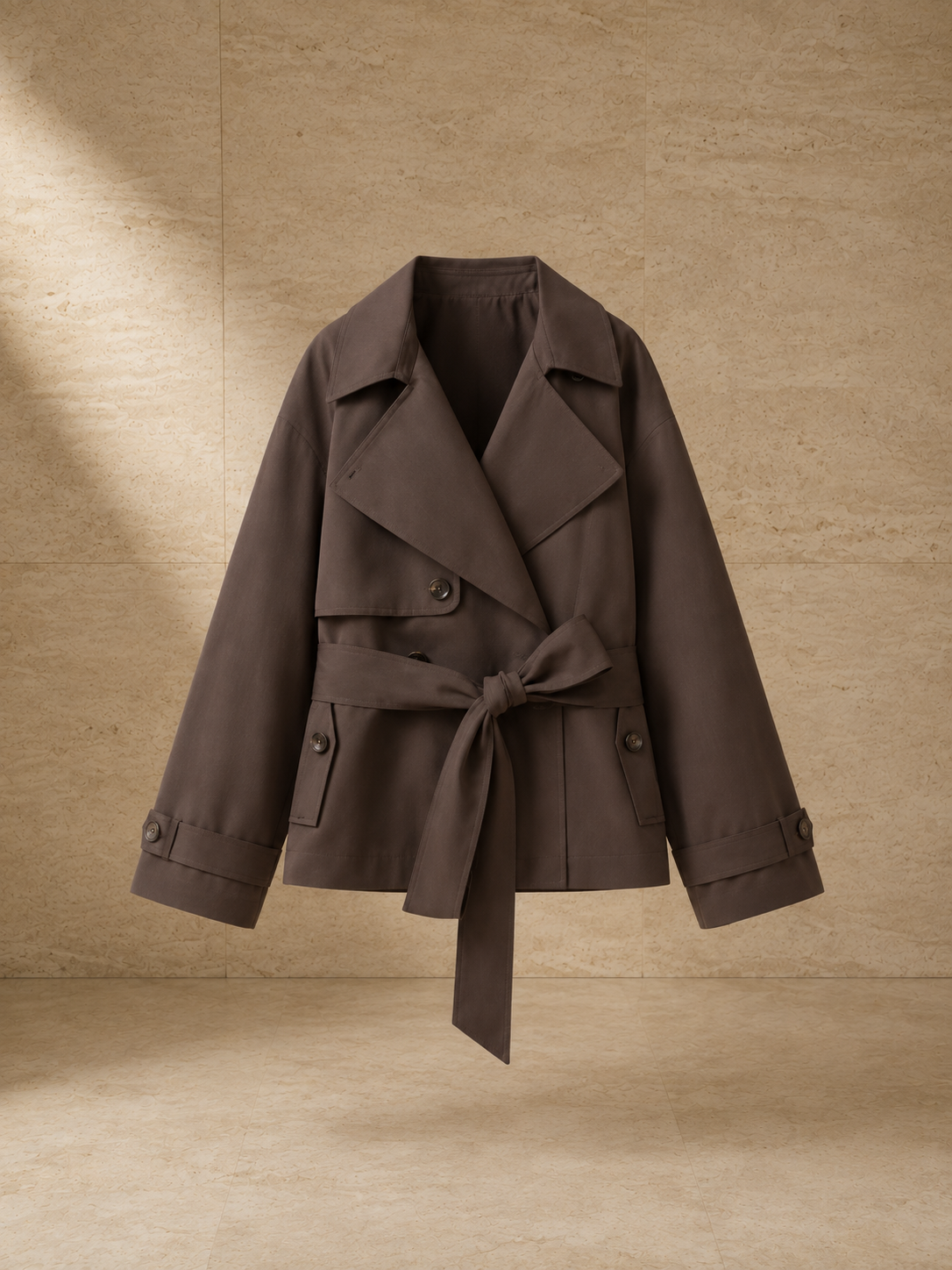 Trench Odette en marrón topo, prenda sola sobre pared de travertino