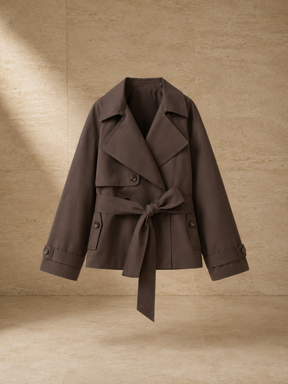 Trench Odette en marrón topo, prenda sola sobre pared de travertino