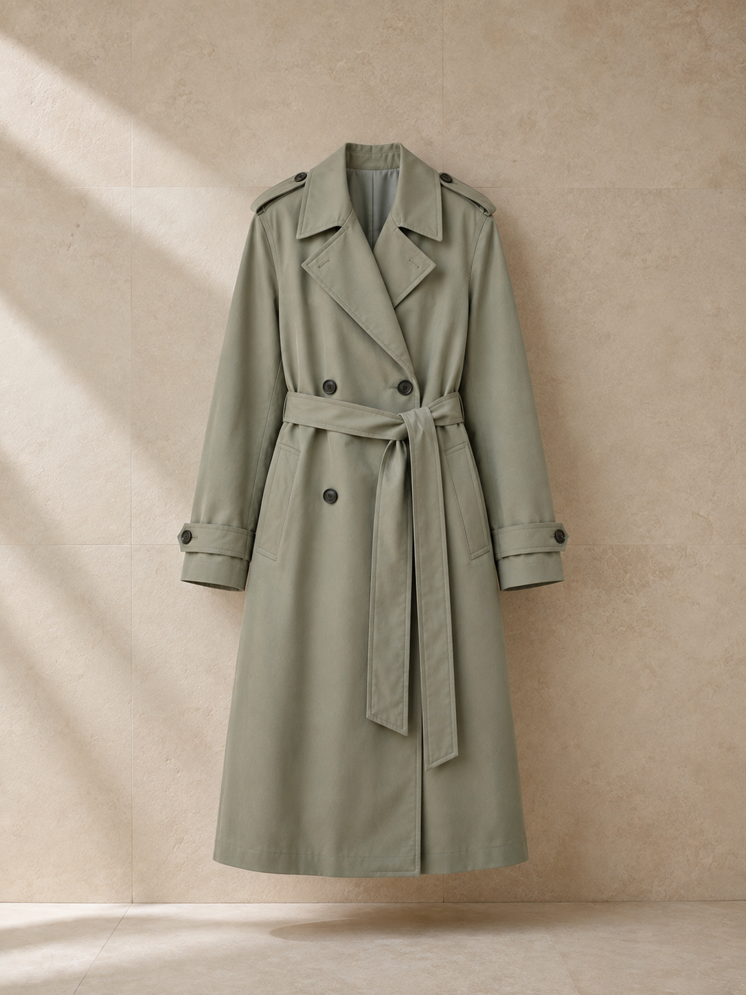 Trench Joséphine en verde musgo, prenda sola sobre pared de travertino