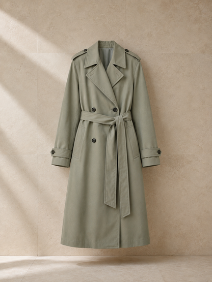 Trench Joséphine en verde musgo, prenda sola sobre pared de travertino