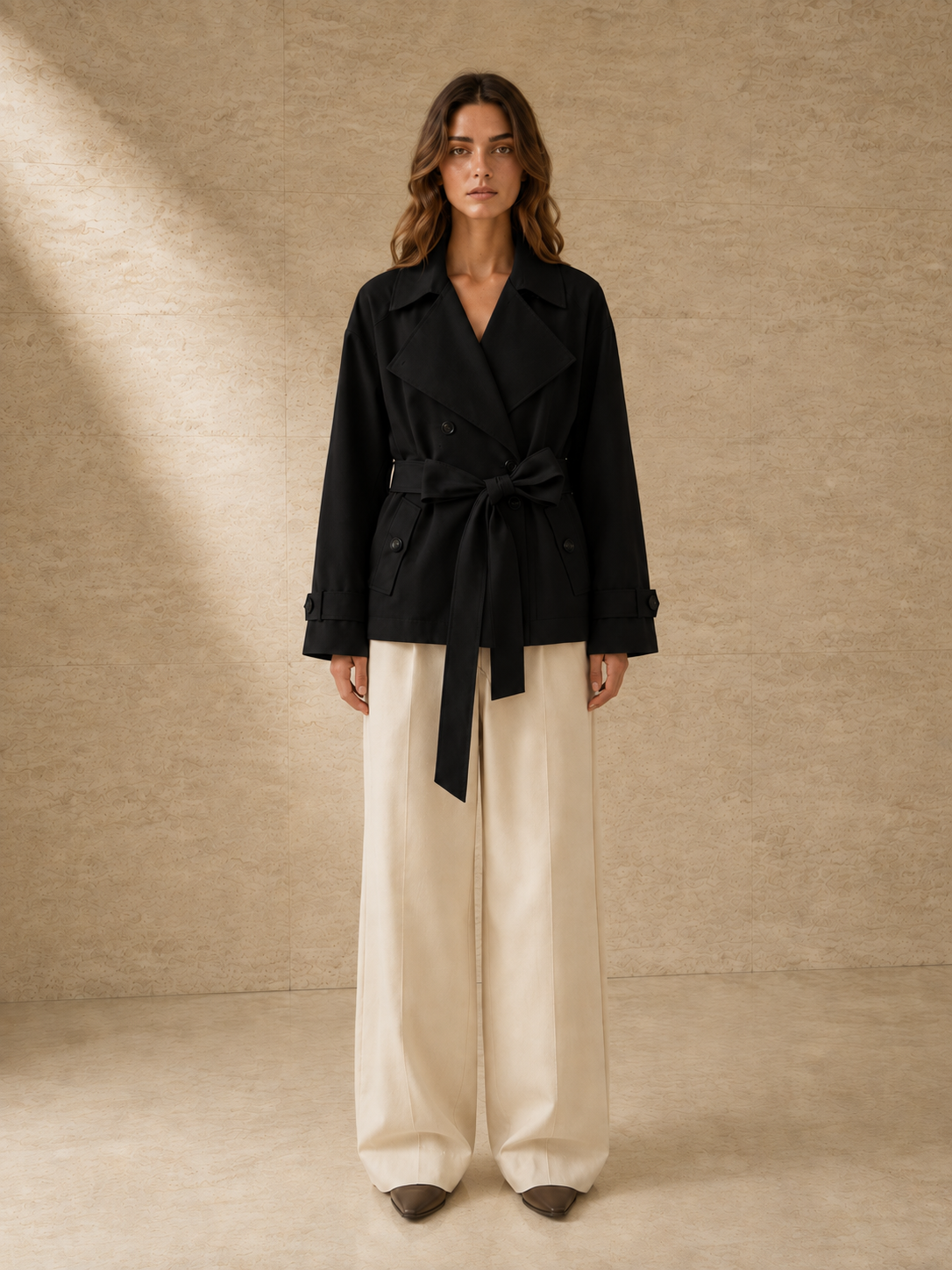 Trench Odette en negro, de frente: trench corto a la cadera con cinturón atado