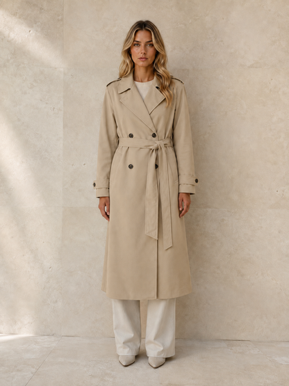 Trench Joséphine en beige oscuro, de frente: trench largo cruzado con cinturón anudado
