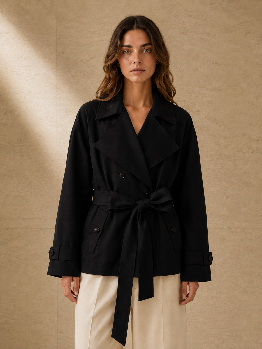 Detalle del Trench Odette en negro: solapa ancha, doble botonadura y cinturón