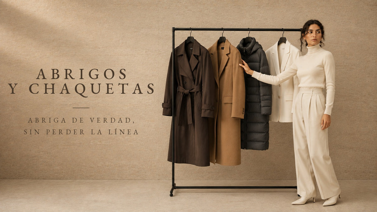 Perchero con cuatro abrigos: trench chocolate, lana camel, acolchado gris y blazer crudo